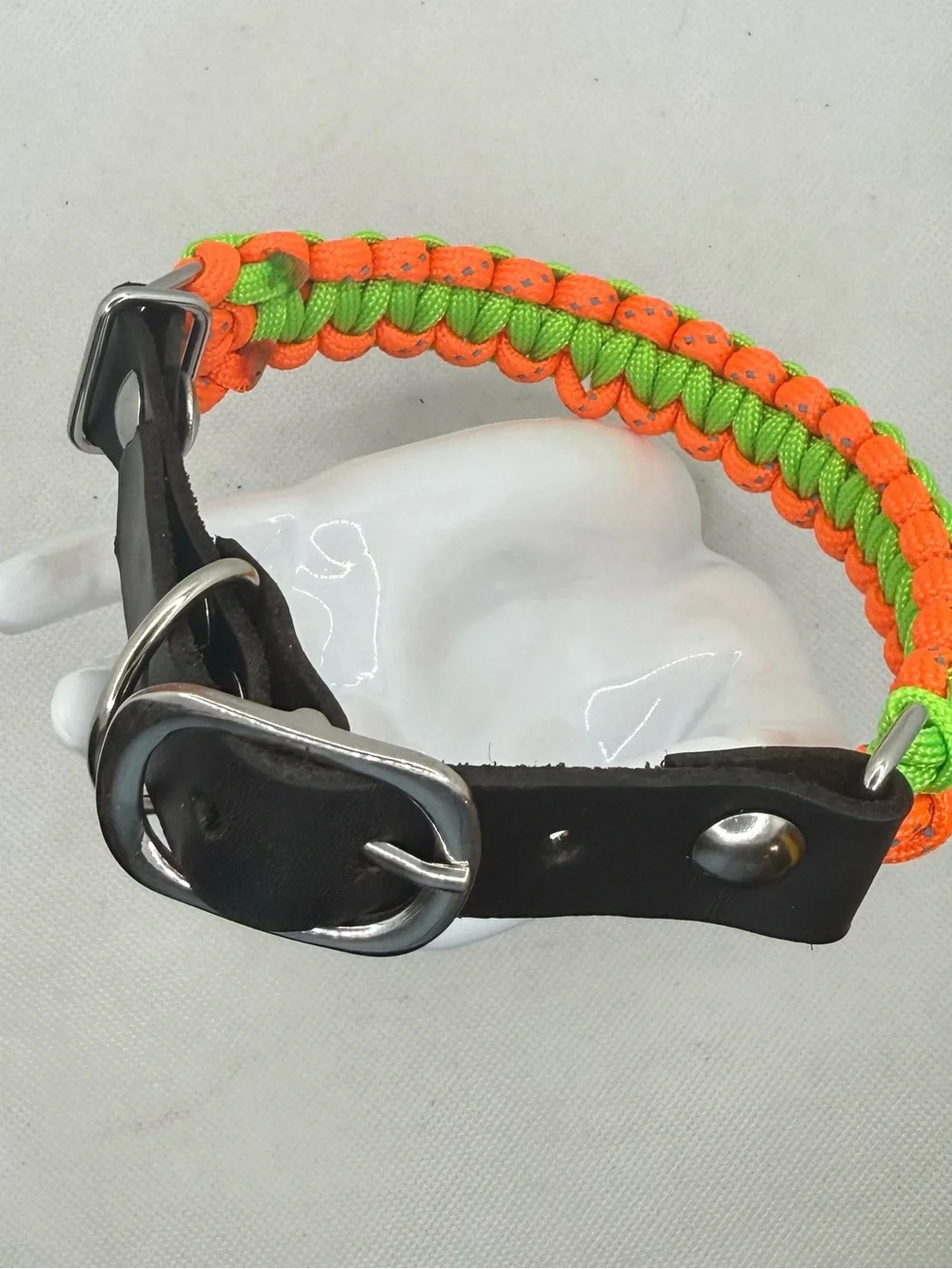 Handmade Reflective Paracord Dog Collar, Leather Adjustable Neon Green Orange